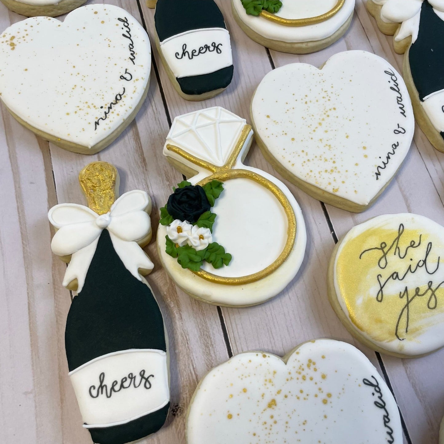 She Said Yes - Engagement Shower Cookies - Black & Gold Set