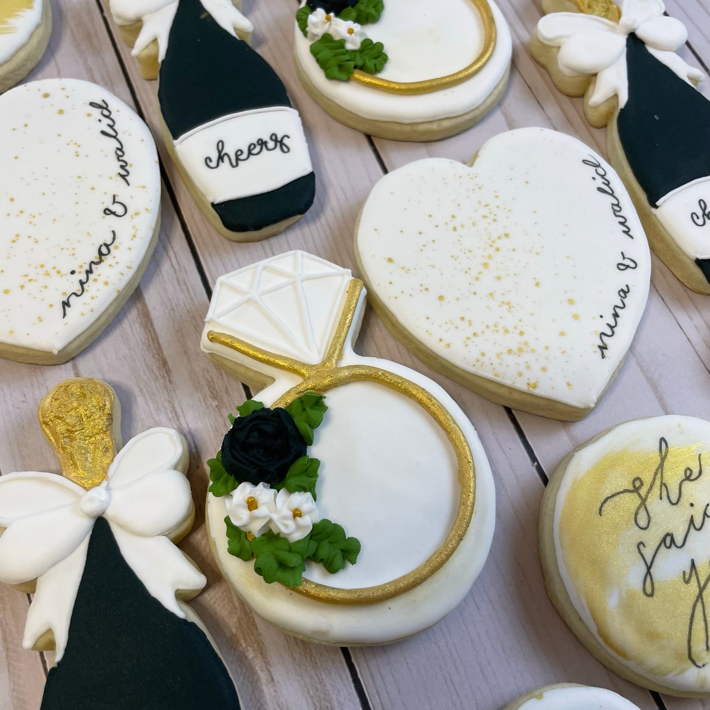 She Said Yes - Engagement Shower Cookies - Black & Gold Set