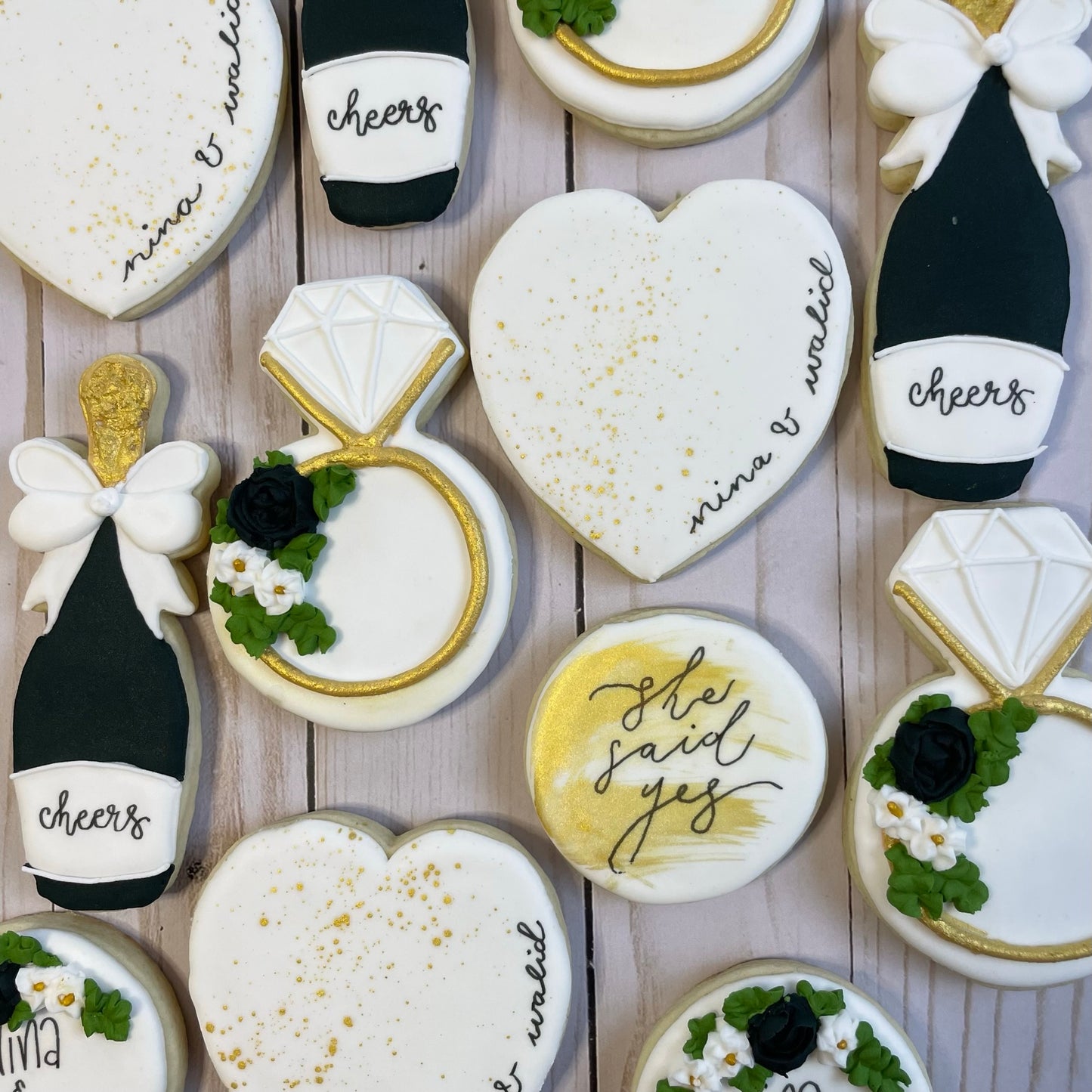 She Said Yes - Engagement Shower Cookies - Black & Gold Set