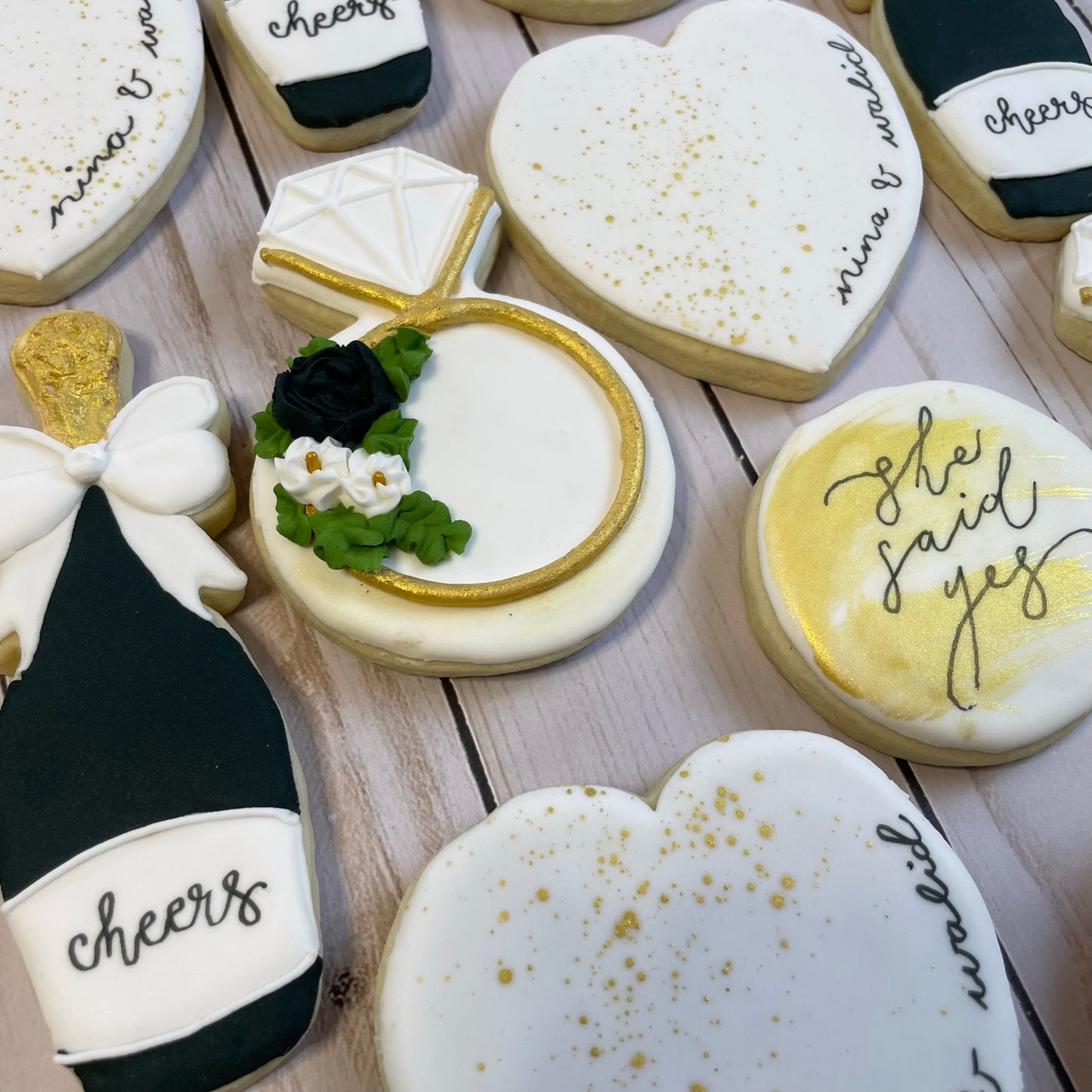 She Said Yes - Engagement Shower Cookies - Black & Gold Set