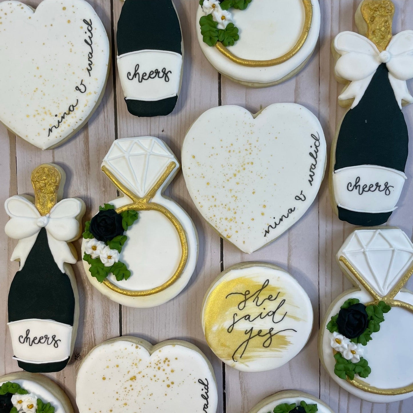 She Said Yes - Engagement Shower Cookies - Black & Gold Set