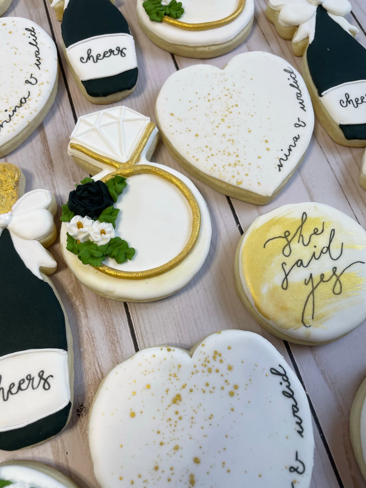 She Said Yes - Engagement Shower Cookies - Black & Gold Set