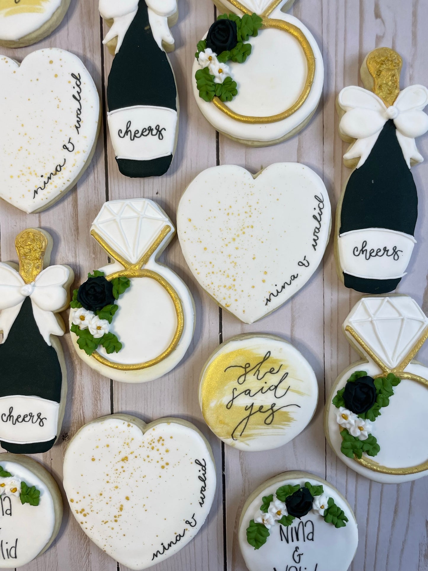 She Said Yes - Engagement Shower Cookies - Black & Gold Set