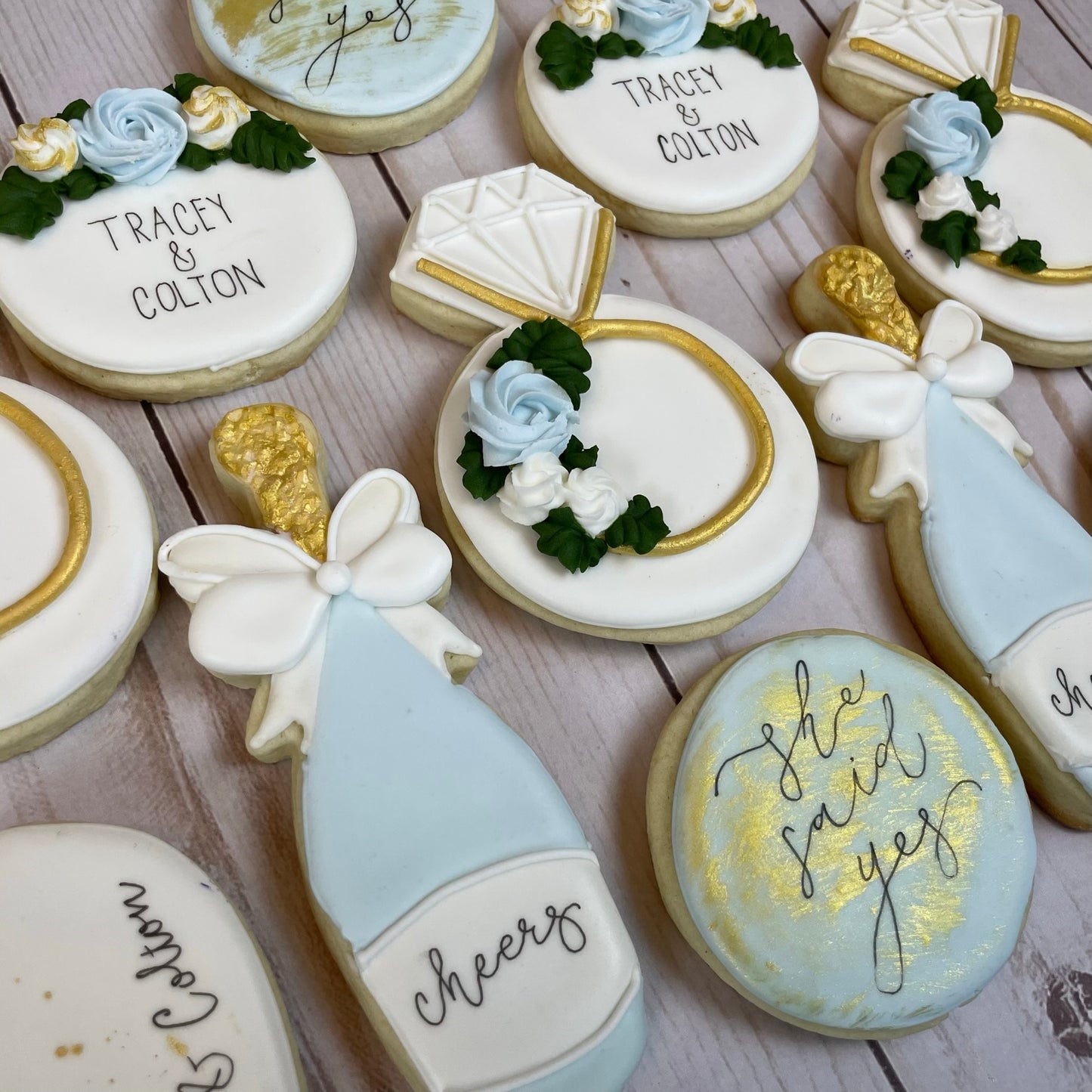 She Said Yes - Engagement Shower Cookies - Light Blue Set & Gold Set