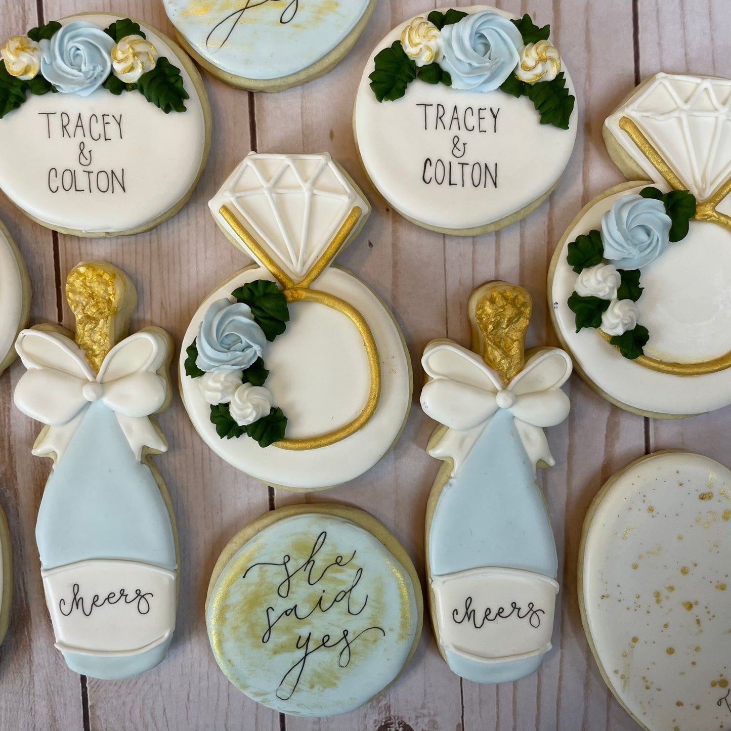 She Said Yes - Engagement Shower Cookies - Light Blue Set & Gold Set