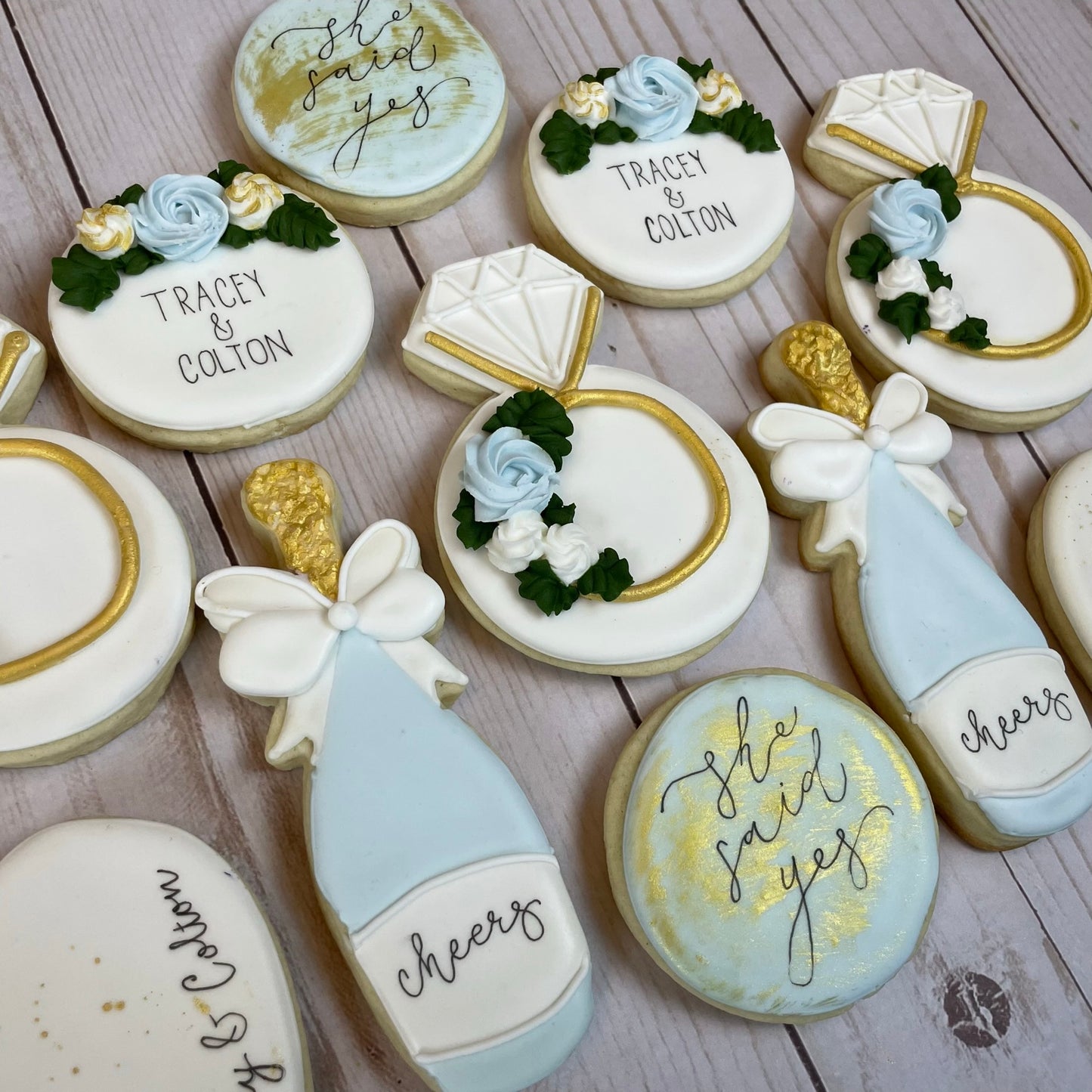 She Said Yes - Engagement Shower Cookies - Light Blue Set & Gold Set