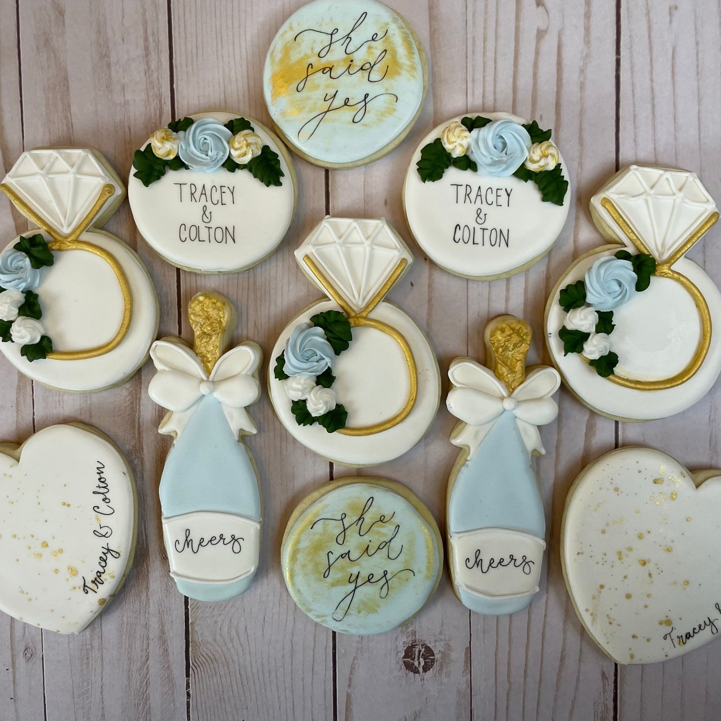 She Said Yes - Engagement Shower Cookies - Light Blue Set & Gold Set