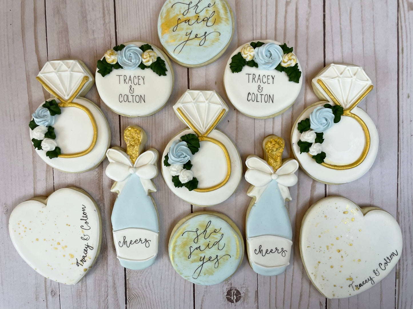 She Said Yes - Engagement Shower Cookies - Light Blue Set & Gold Set