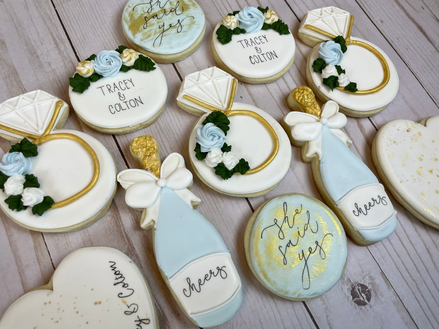 She Said Yes - Engagement Shower Cookies - Light Blue Set & Gold Set