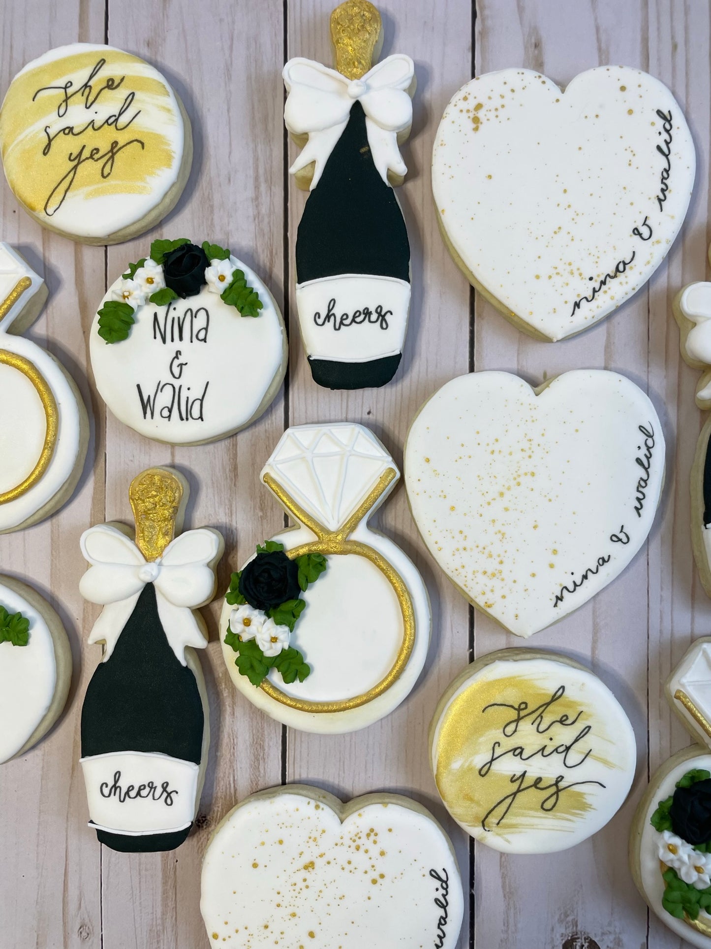 She Said Yes - Engagement Shower Cookies - Black & Gold Set