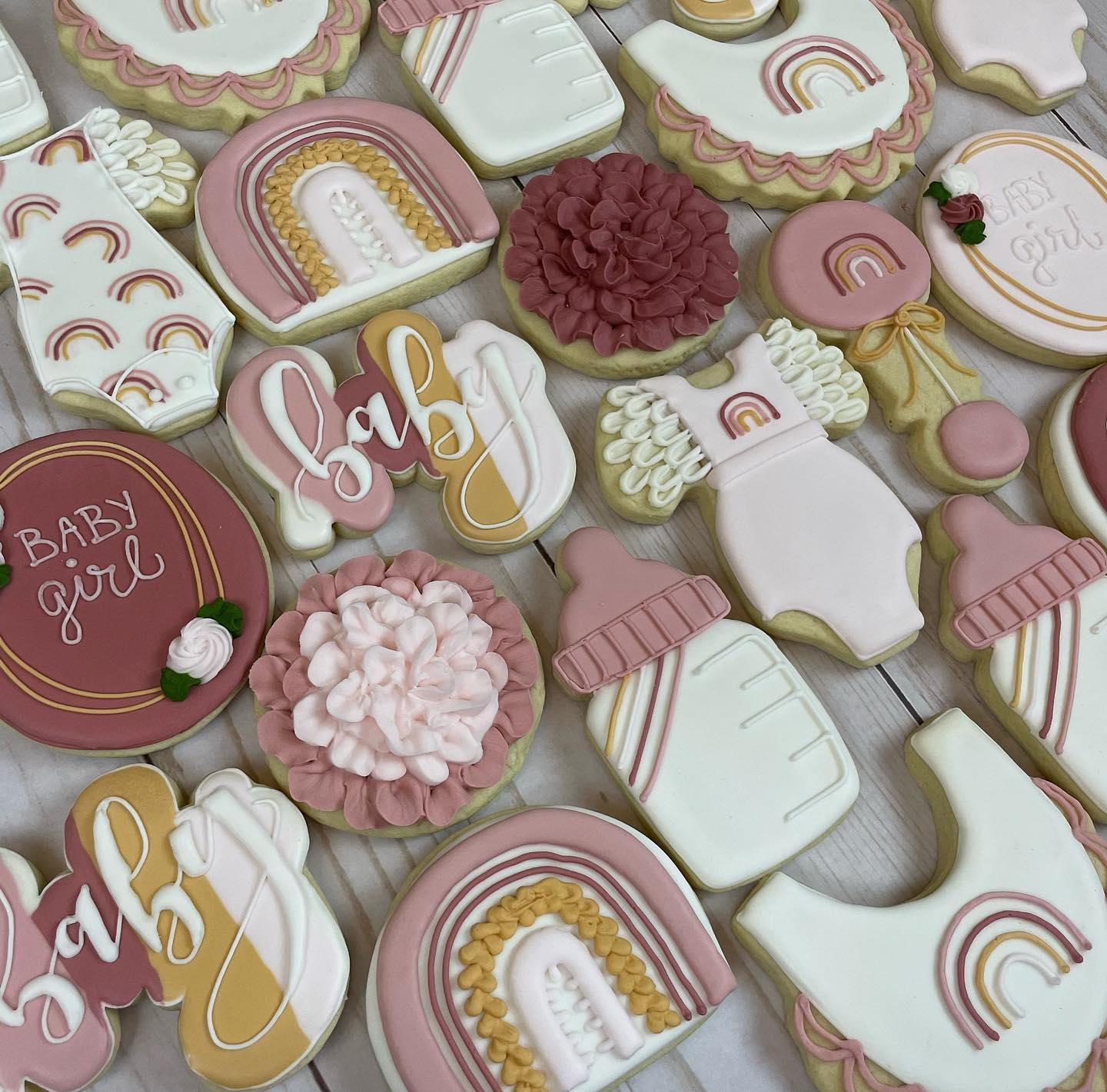 Boho Rainbow Pink, Red, Gold - Bohemian Rainbow Pink, Red, Gold - Baby Shower Cookies - Colors Customizable